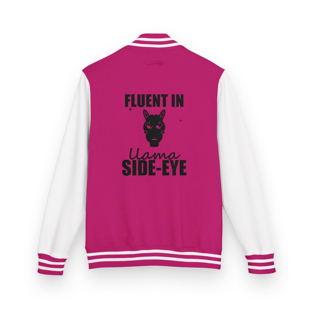 Al Drama Llama Fluent In Llama Side-Eye Varsity Jacket in Hot Pink/Arctic White