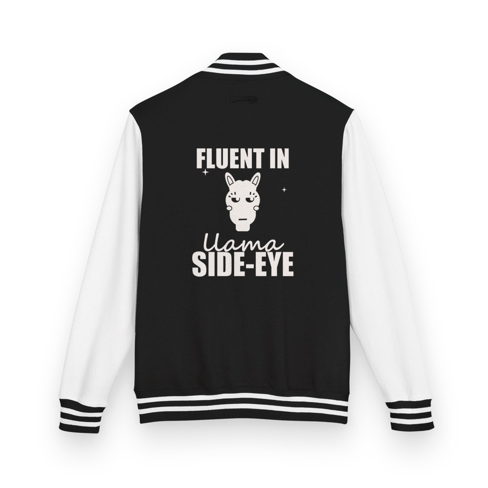 Al Drama Llama Fluent In Llama Side-Eye Varsity Jacket in Jet Black/Arctic White