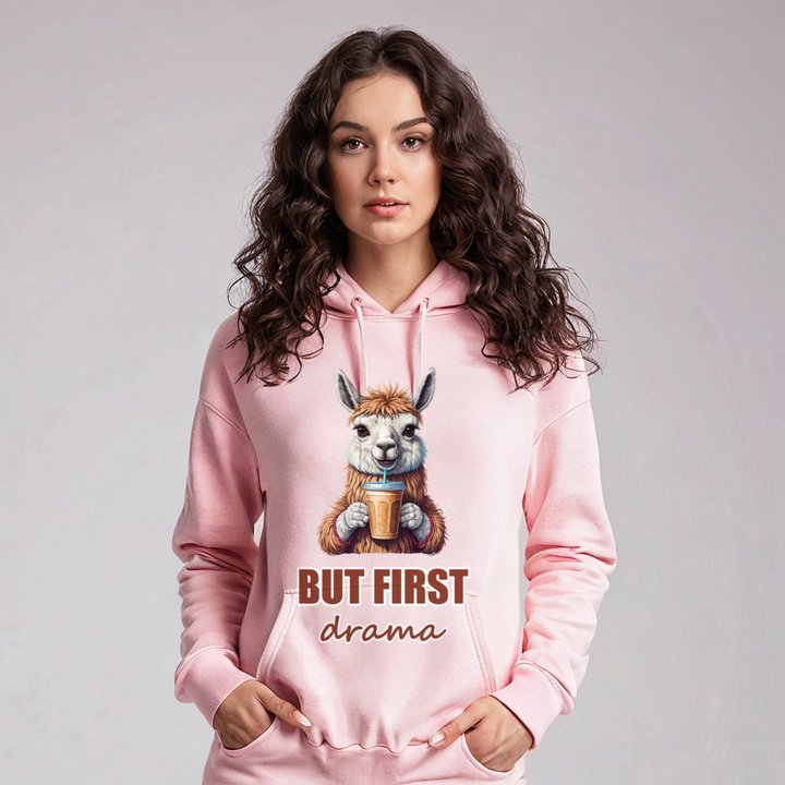 Al Drama Llama But First Drama Coffee Hoodie in Light Pink