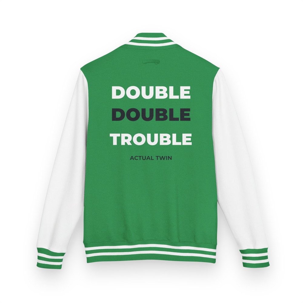 Actual Twin Double Trouble Varsity Jacket in Kelly Green/Arctic White