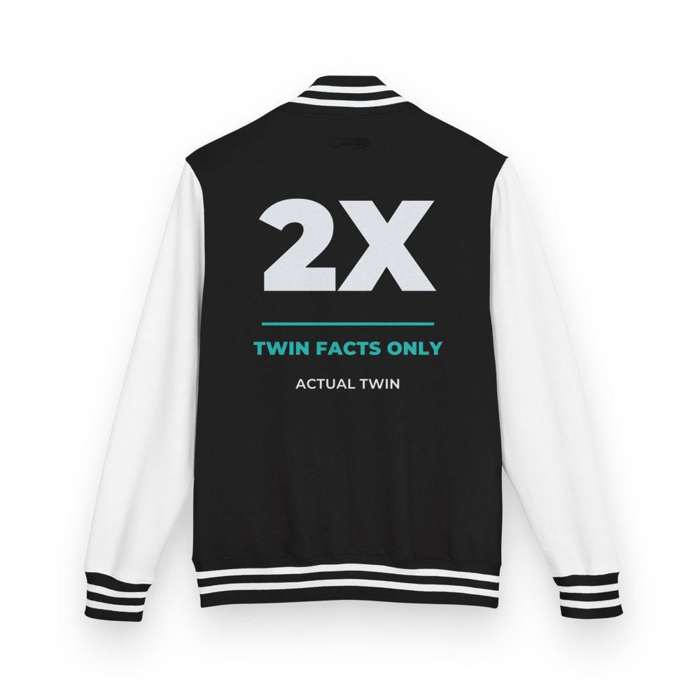 Actual Twin Twin Facts Only Varsity Jacket in Jet Black/Arctic White