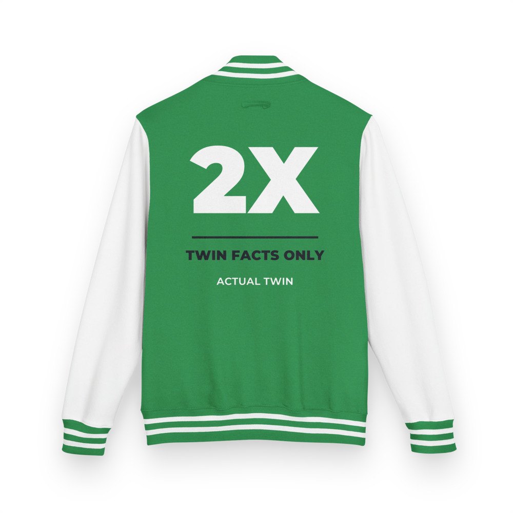 Actual Twin Twin Facts Only Varsity Jacket in Kelly Green/Arctic White