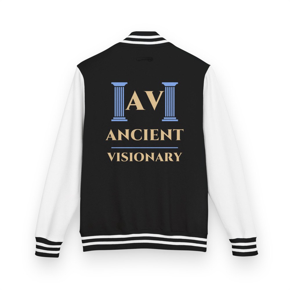 Ancient Visionary Twin Columns Logo Varsity Jacket in Jet Black/Arctic White
