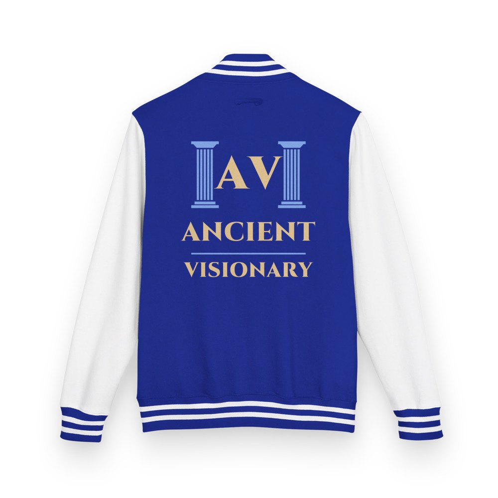 Ancient Visionary Twin Columns Logo Varsity Jacket in Royal Blue/Arctic White