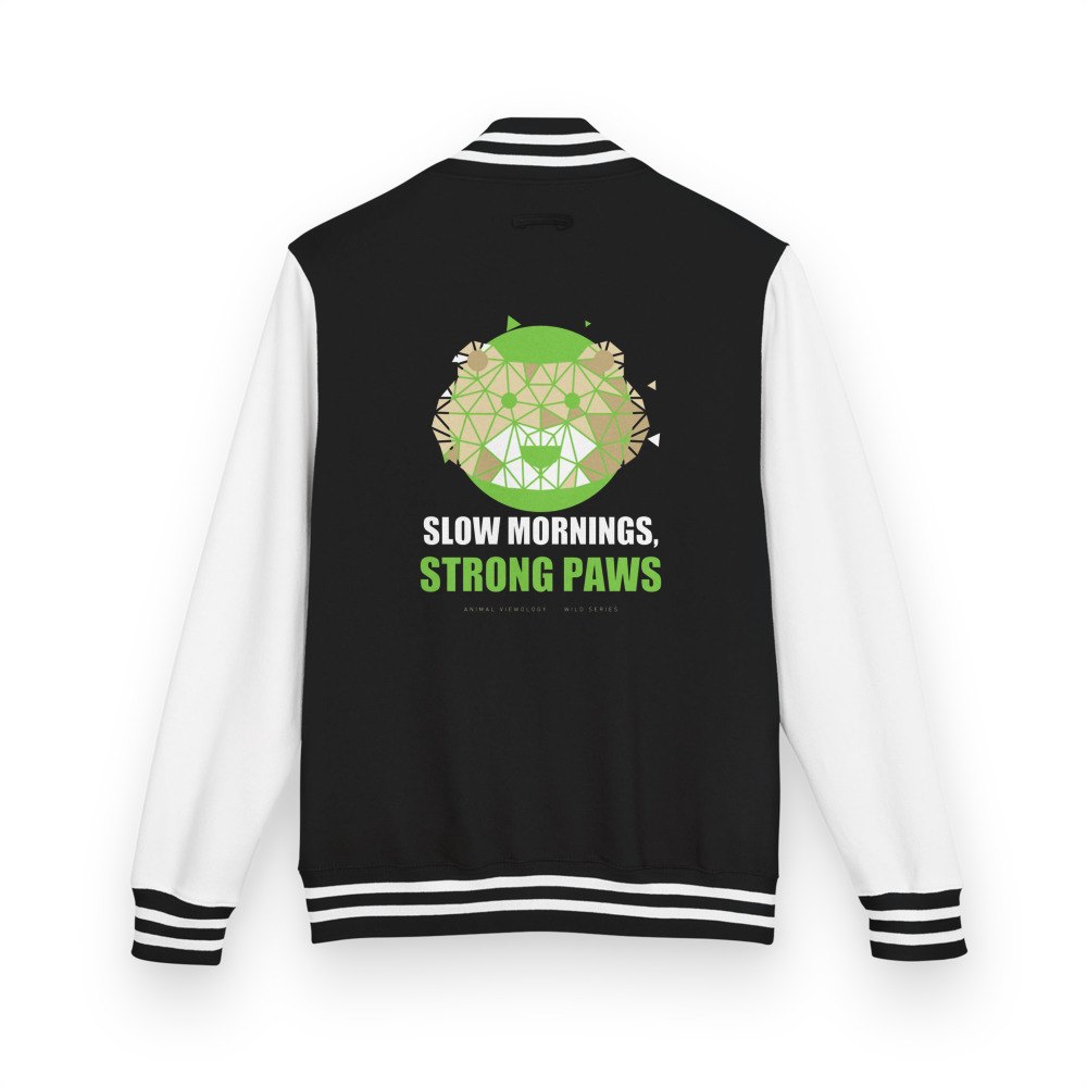 Animal Viewology Slow Mornings, Strong Paws Varsity Jacket Jet Black/Arctic White