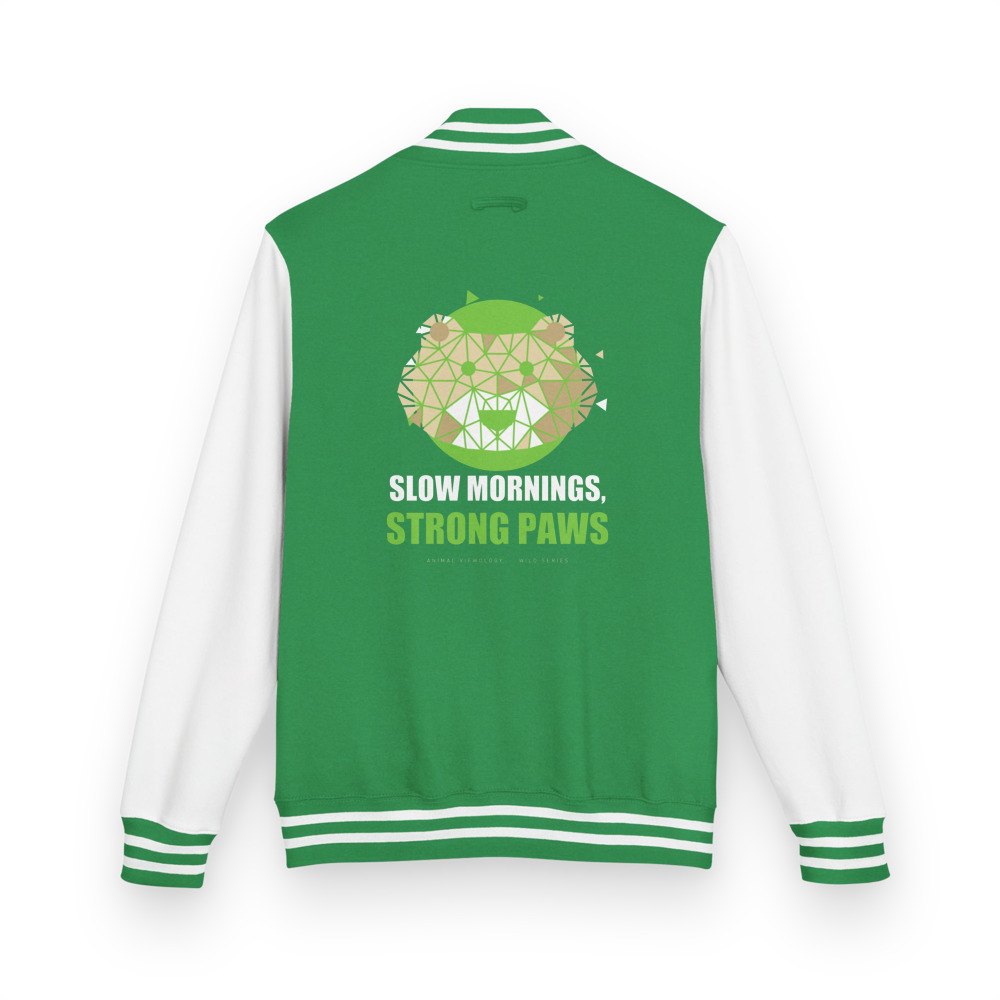 Animal Viewology Slow Mornings, Strong Paws Varsity Jacket in Kelly Green/Arctic White