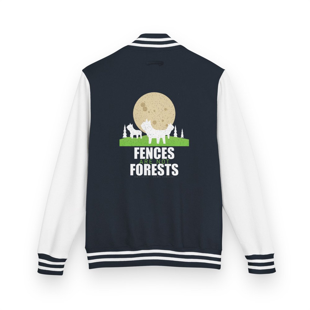 Animal Viewology Fences Are Not Forests Varsity Jacket in Oxford Navy/Arctic White