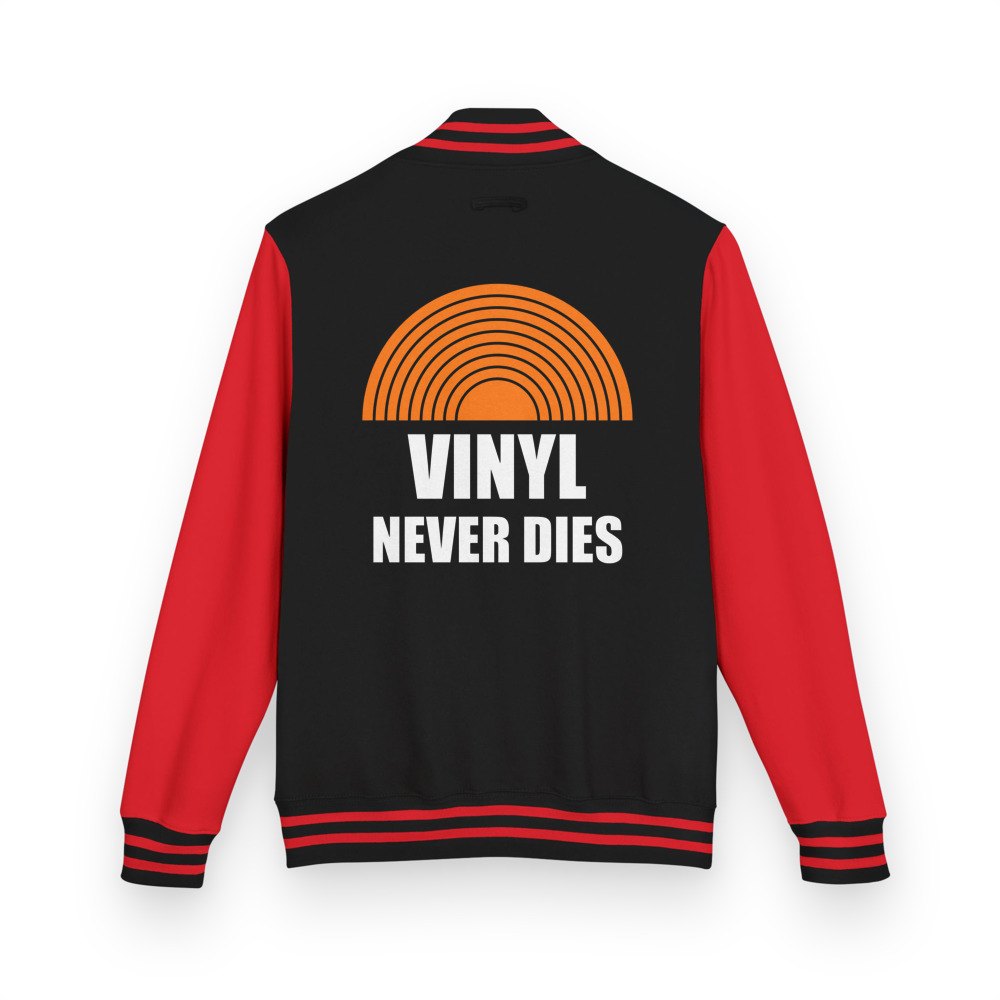 DJ Burna Vinyl Never Dies Varsity Jacket in Jet Black/Fire Red