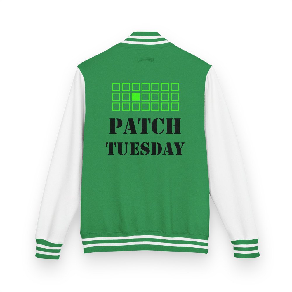 Cybersecurity Geniuses Patch Tuesday Varsity Jacket in Kelly Green/Arctic White