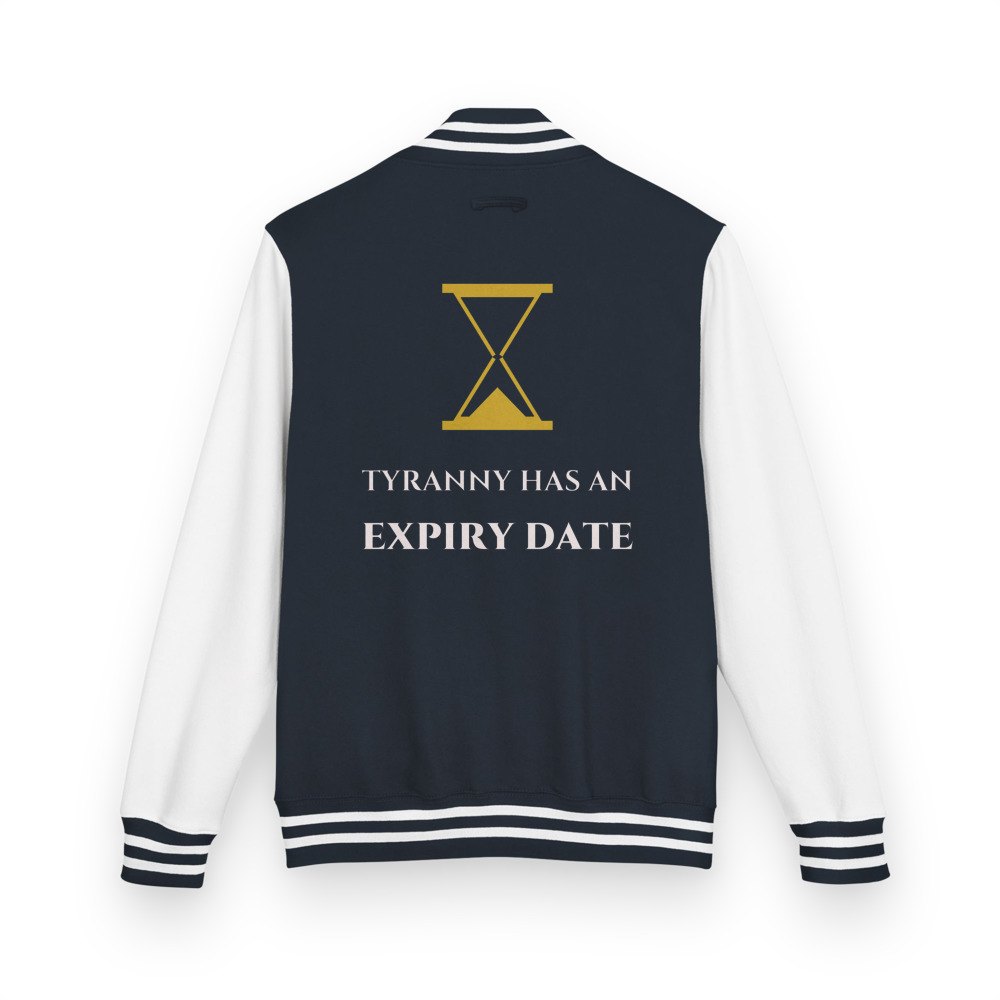 Evil Leaders Tyranny Has An Expiry Date Varsity Jacket in Oxford Navy/Arctic White