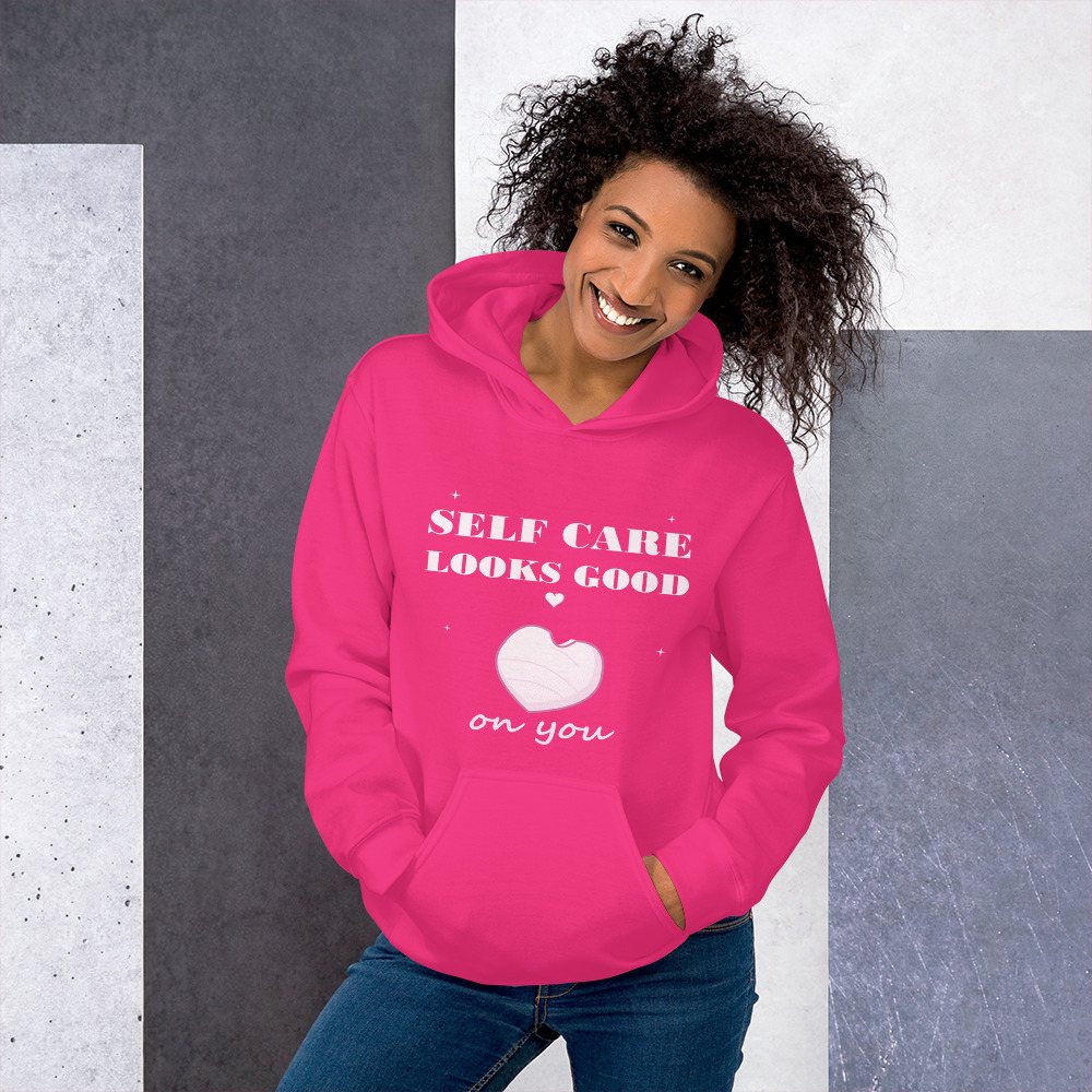 Gorgeous Baddie Self Care Looks Good On You Hoodie in Heliconia
