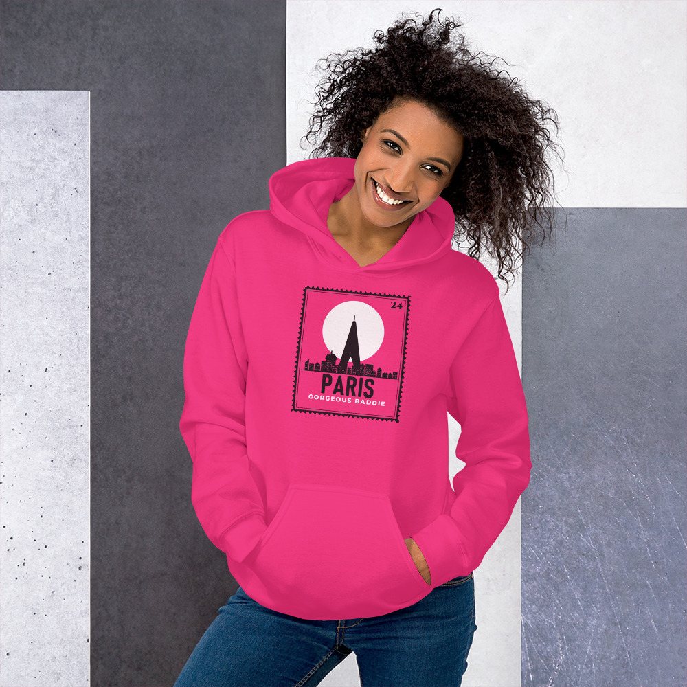 Gorgeous Baddie Paris Stamp Hoodie in Heliconia