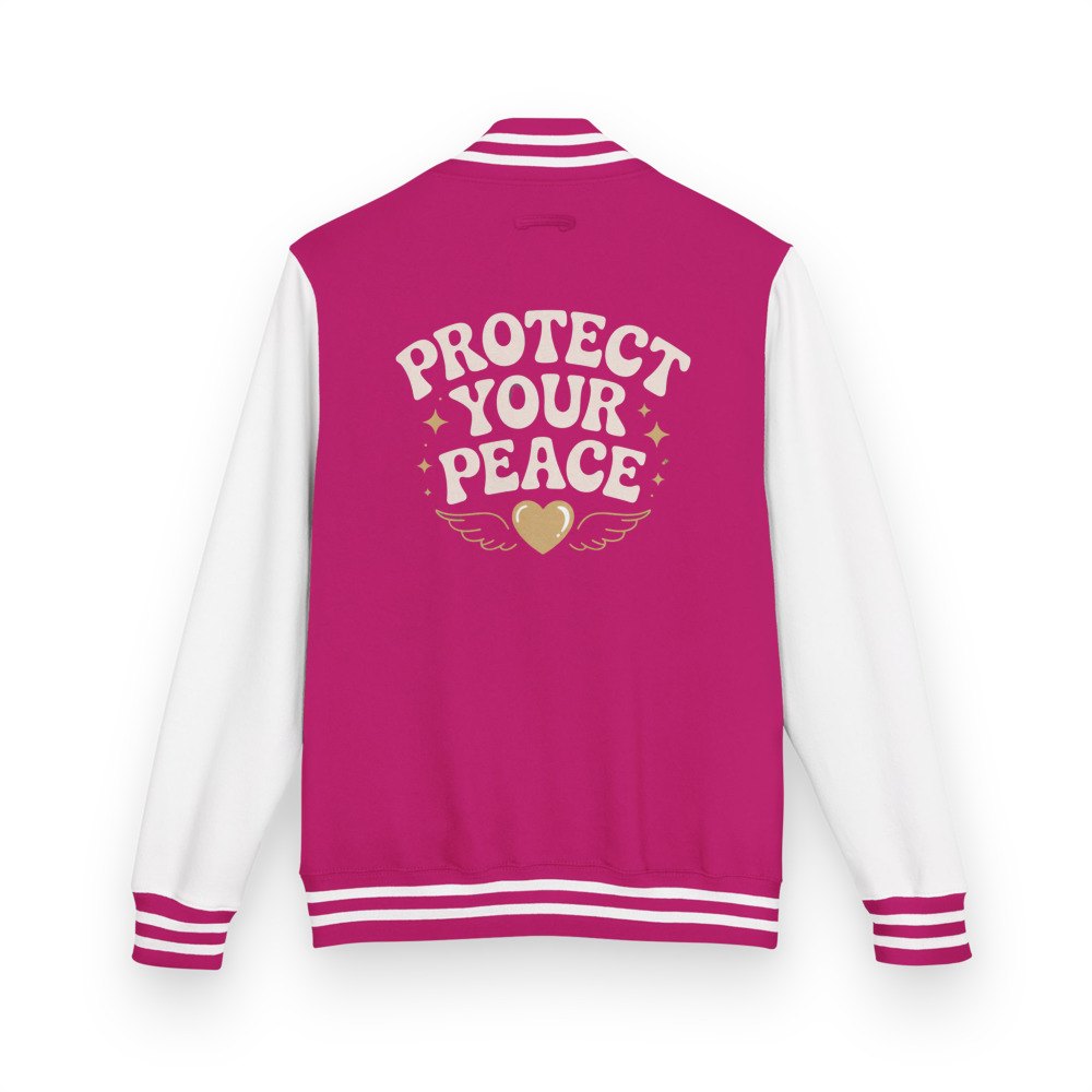 Gorgeous Baddie Protect Your Peace Varsity Jacket in Hot Pink/Arctic White