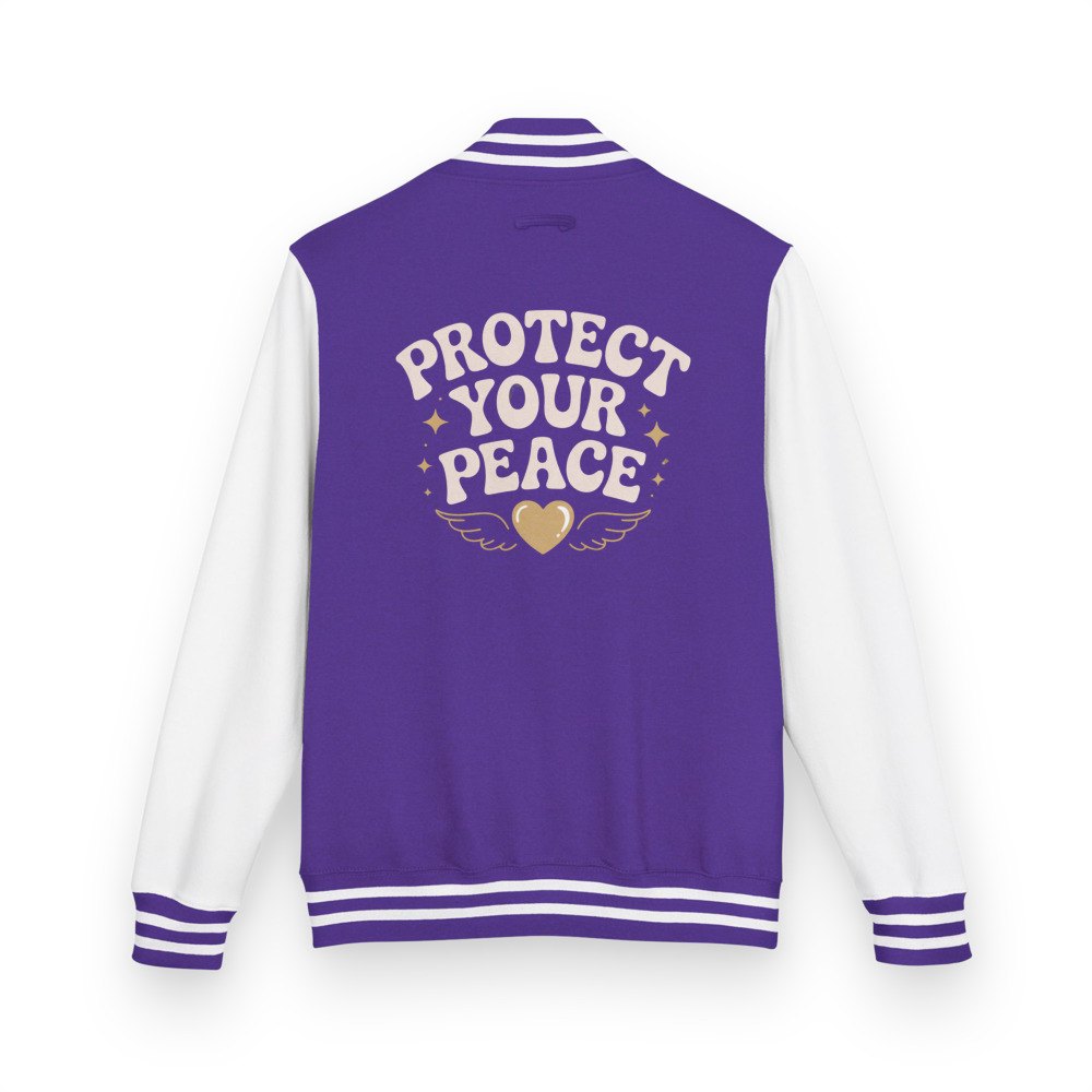 Gorgeous Baddie Protect Your Peace Varsity Jacket in Purple/Arctic White