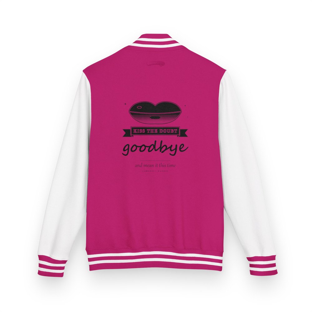 Gorgeous Baddie Kiss The Doubt Goodbye Varsity Jacket in Hot Pink/Arctic White