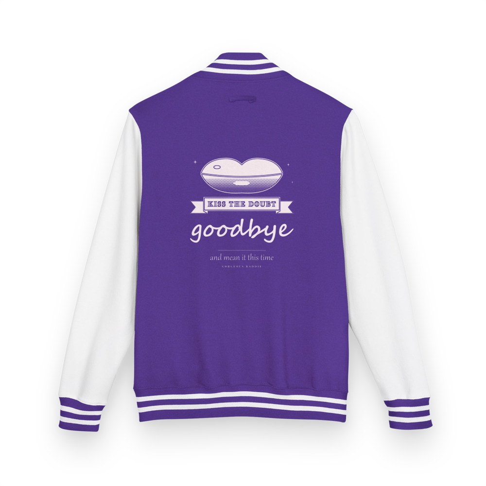 Gorgeous Baddie Kiss The Doubt Goodbye Varsity Jacket in Purple/Arctic White