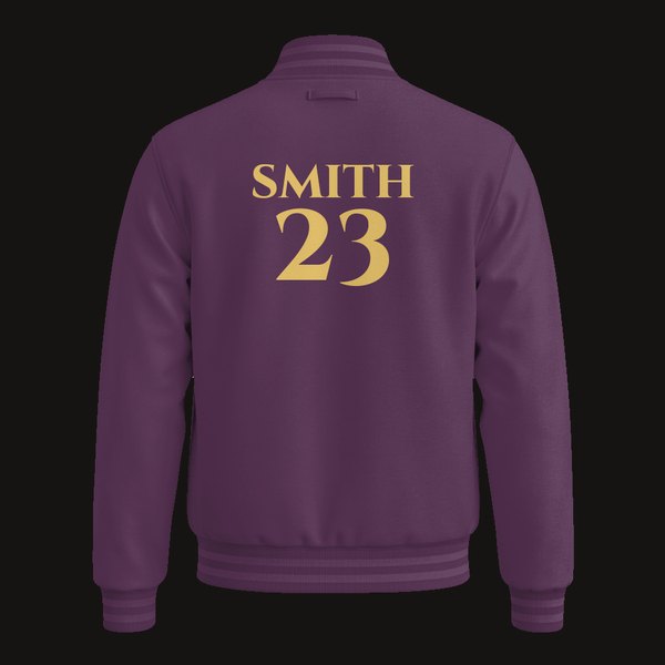 Custom Varsity Jacket in Purple/Arctic White: Varsity back, your name and number