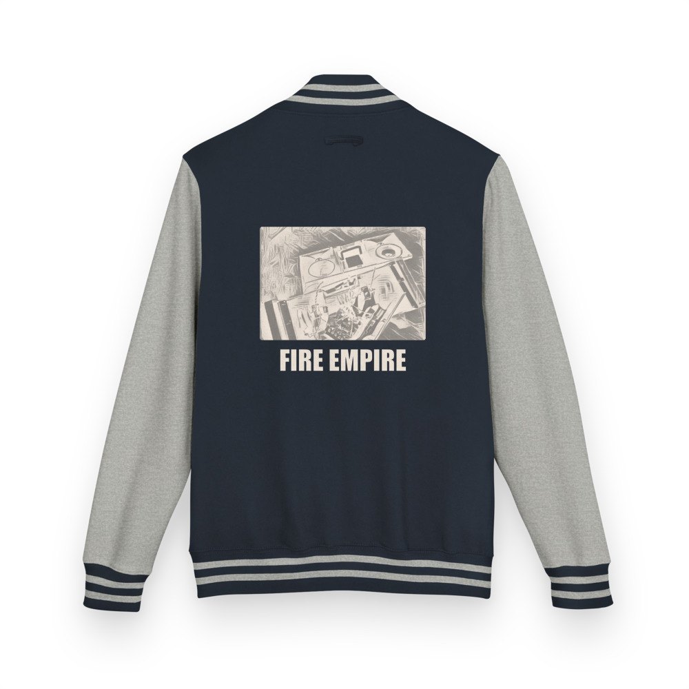 Fire Empire Broken Speakers B&W Varsity Jacket in Oxford Navy/Heather Grey