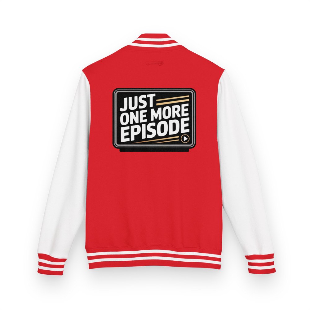 Moviella Just One More Episode Varsity Jacket in Fire Red/Arctic White