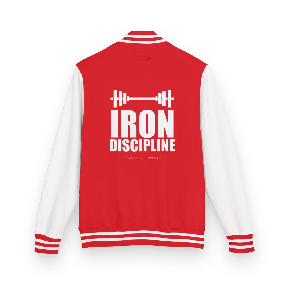 Ripped Shape Iron Discipline Varsity Jacket in Fire Red/Arctic White