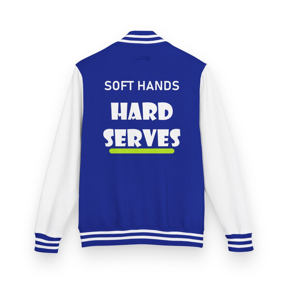 Sensational Pickleball Soft Hands Hard Serves Varsity Jacket in Royal Blue/Arctic White