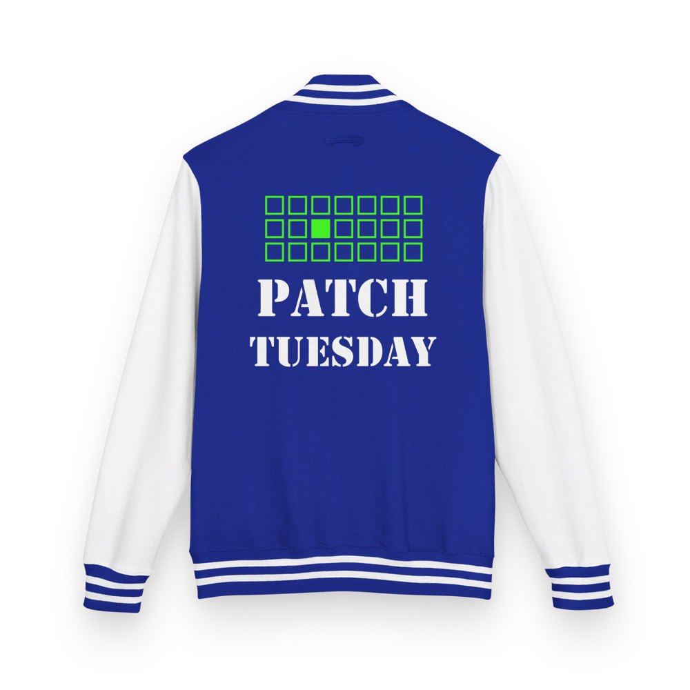 Cybersecurity Geniuses Patch Tuesday Varsity Jacket in Royal Blue/Arctic White