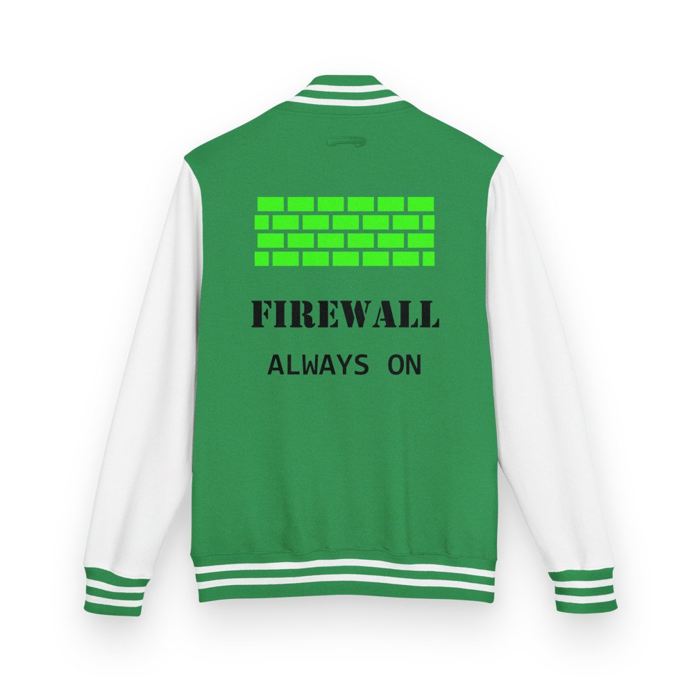 Cybersecurity Geniuses Firewall Always On Varsity Jacket in Kelly Green/Arctic White