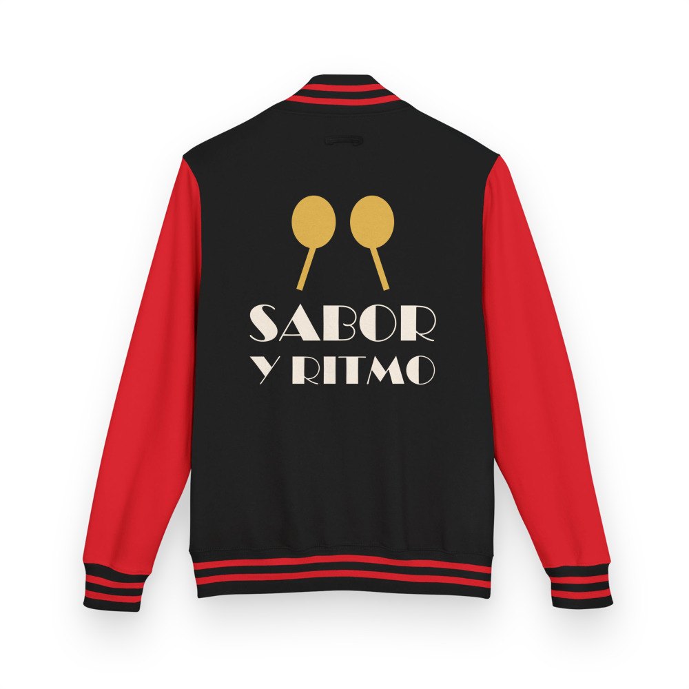 Salsa Tranquila Sabor Y Ritmo Varsity Jacket in Jet Black/Fire Red
