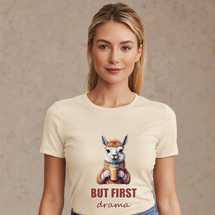 Al Drama Llama But First Drama Coffee Tee in Soft Cream