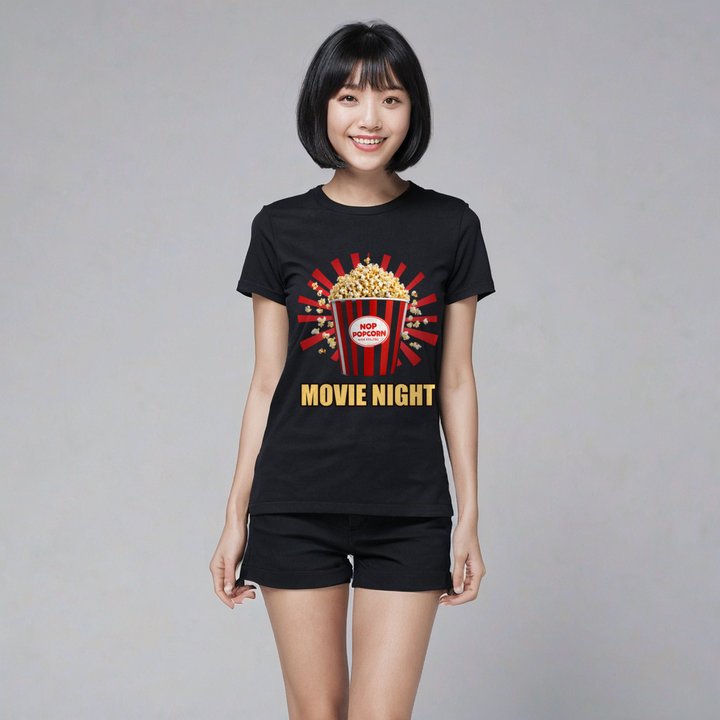 Moviella Movie Night Popcorn Tee in Black