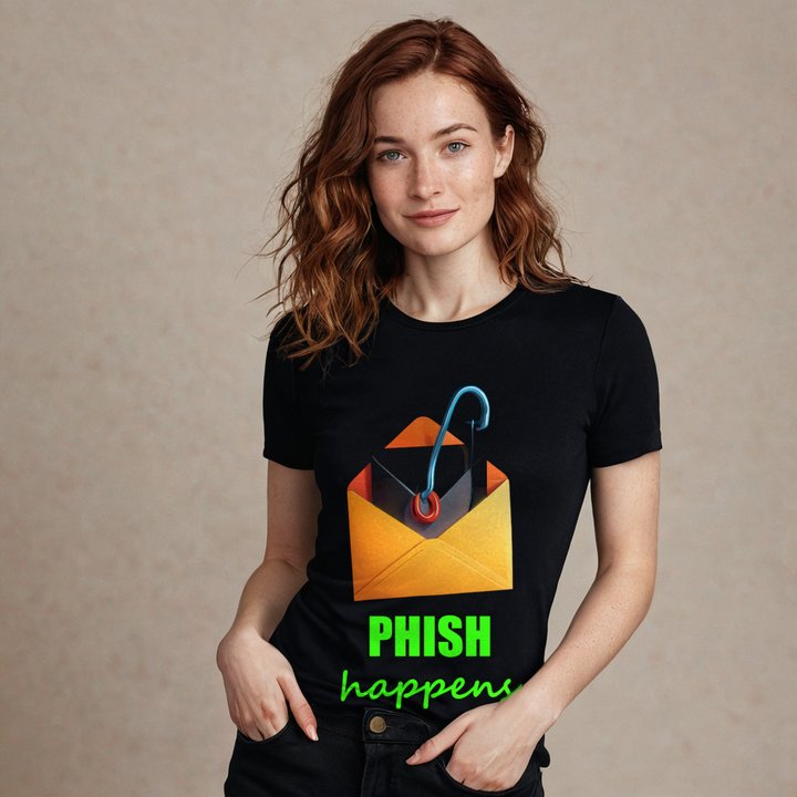 Cybersecurity Geniuses Phish Happens Hook Tee in Black