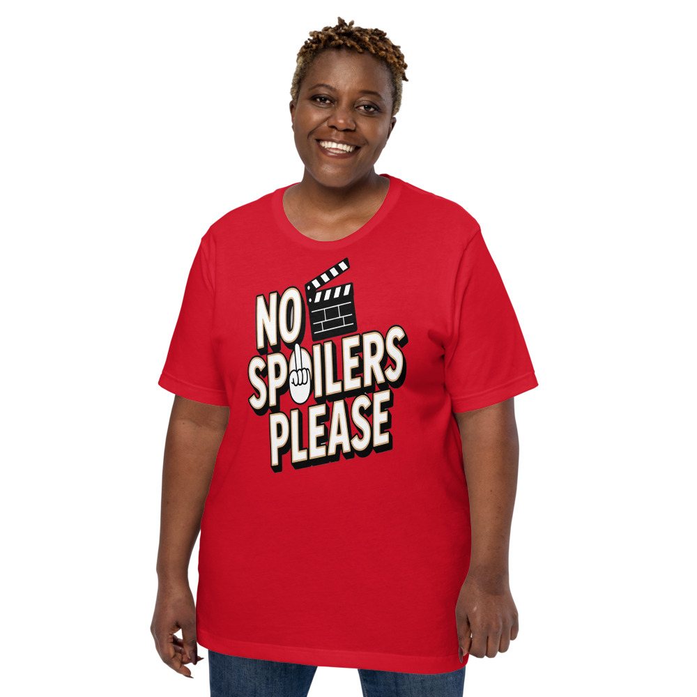Moviella No Spoilers Please Tee Front