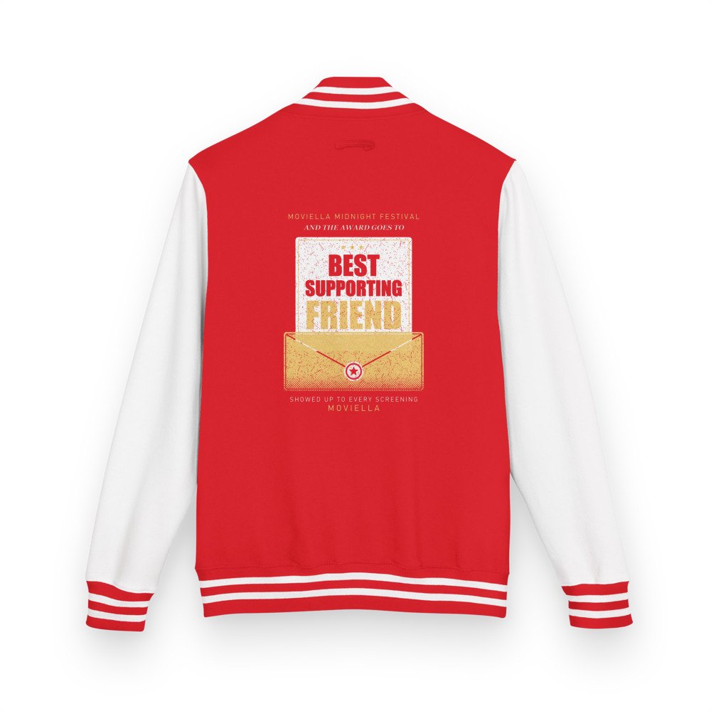 Moviella Best Supporting Friend Varsity Jacket in Fire Red/Arctic White