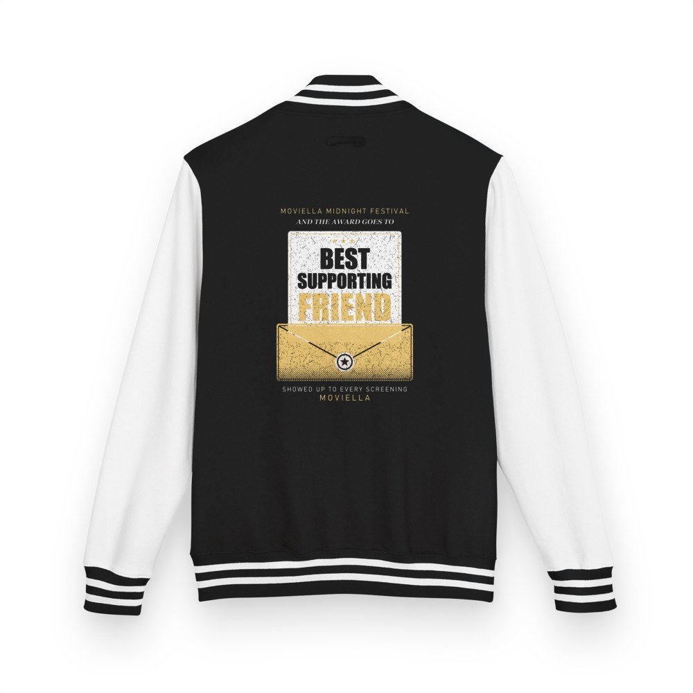 Moviella Best Supporting Friend Varsity Jacket in Jet Black/Arctic White