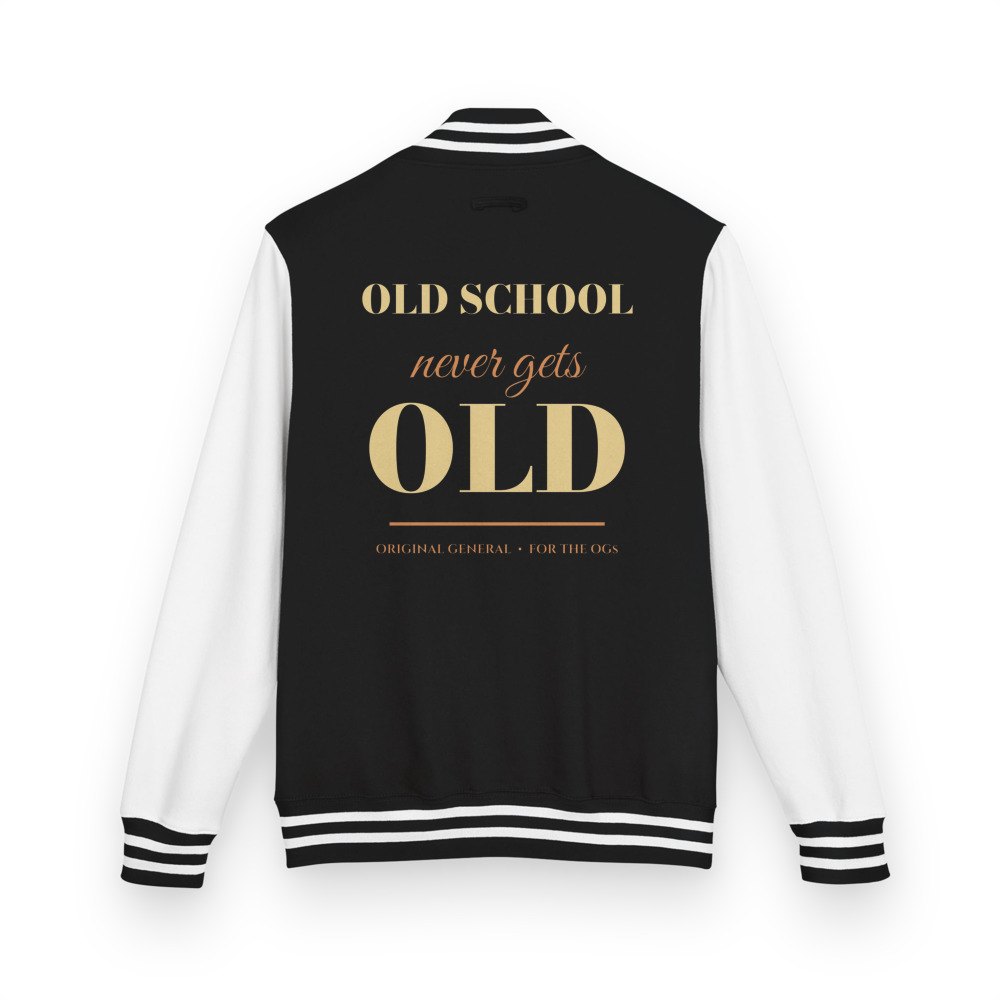Original General Old School Never Gets Old Varsity Jacket in Jet Black/Arctic White