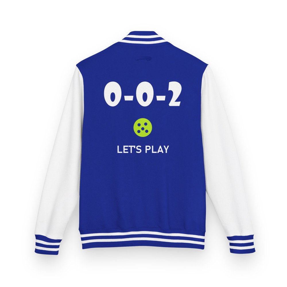 Sensational Pickleball 0-0-2 Lets Play Varsity Jacket in Royal Blue/Arctic White