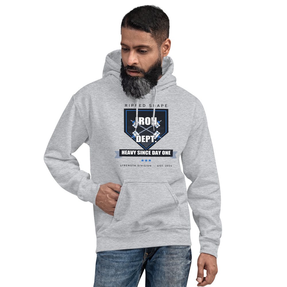 Ripped Shape Iron Dept. Crest Strength Division Hoodie Front