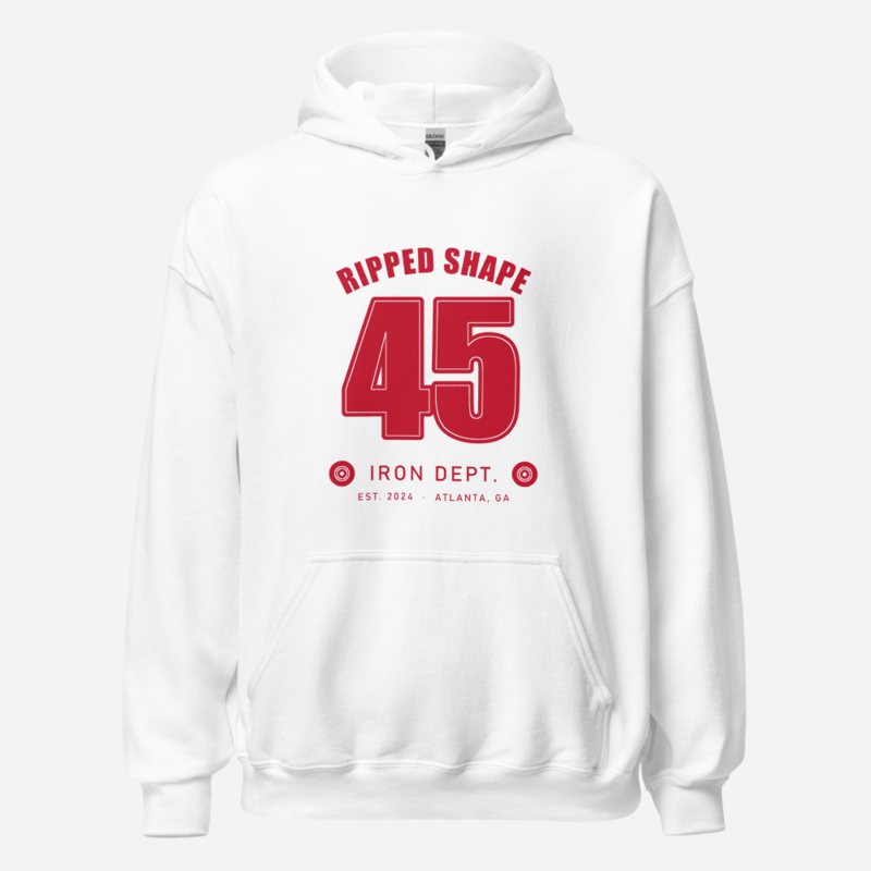 Ripped Shape Varsity 45 (back print) Iron Dept. Hoodie White