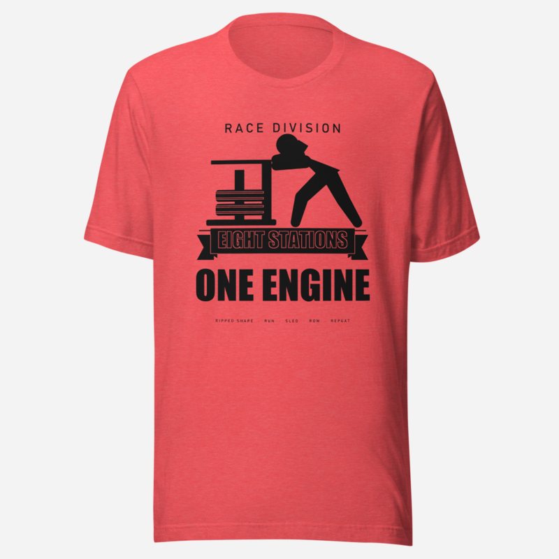 Ripped Shape Eight Stations One Engine Strength Division Tee in Heather Red