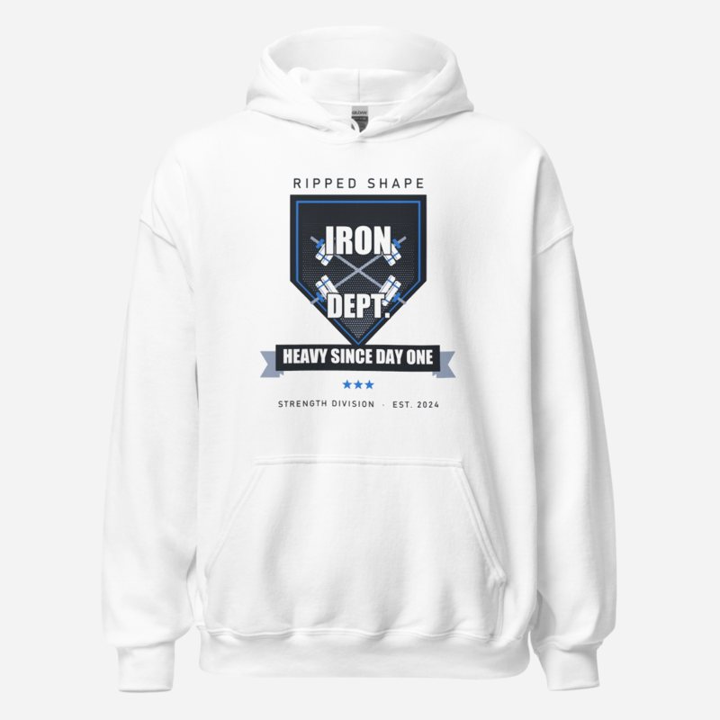 Ripped Shape Iron Dept. Crest Strength Division Hoodie White