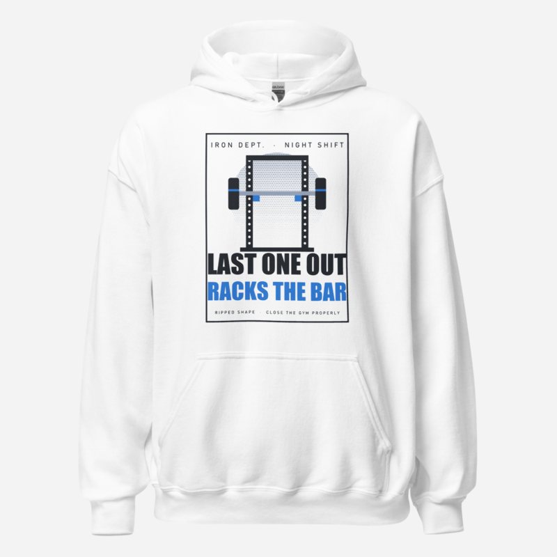 Ripped Shape Last One Out Racks The Bar Strength Division Hoodie in White