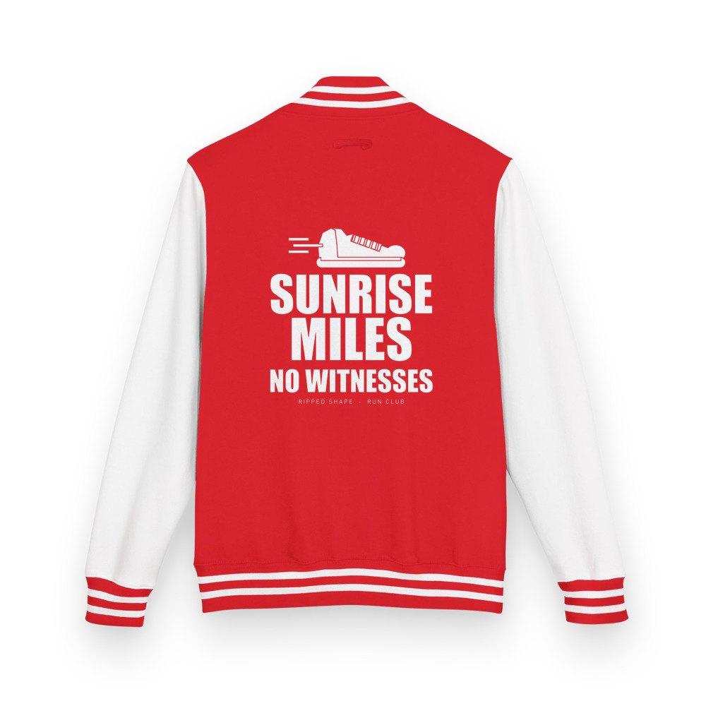 Ripped Shape Sunrise Miles, No Witnesses Varsity Jacket in Fire Red/Arctic White