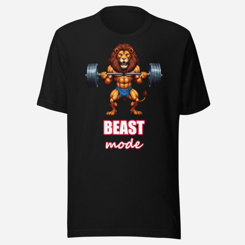 Ripped Shape Beast Mode Gym Lion Tee in Black