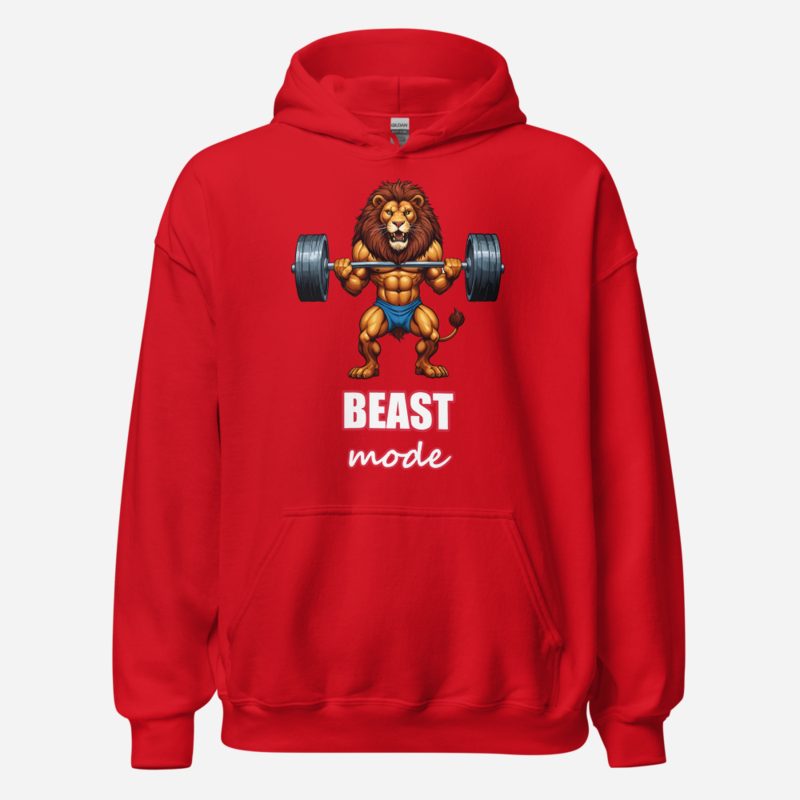 Ripped Shape Beast Mode Gym Lion Hoodie in Red