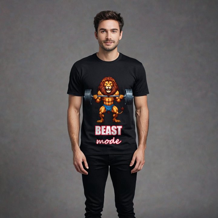Ripped Shape Beast Mode Gym Lion Tee in Black