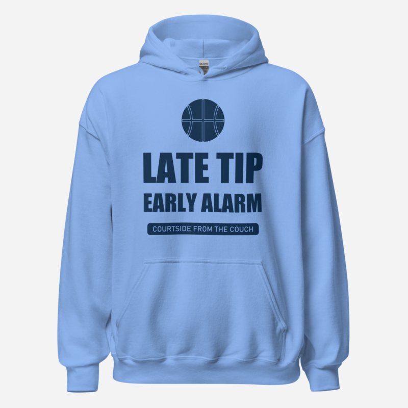 RealTimeFam Late Tip, Early Alarm Game Night Hoodie in Carolina Blue