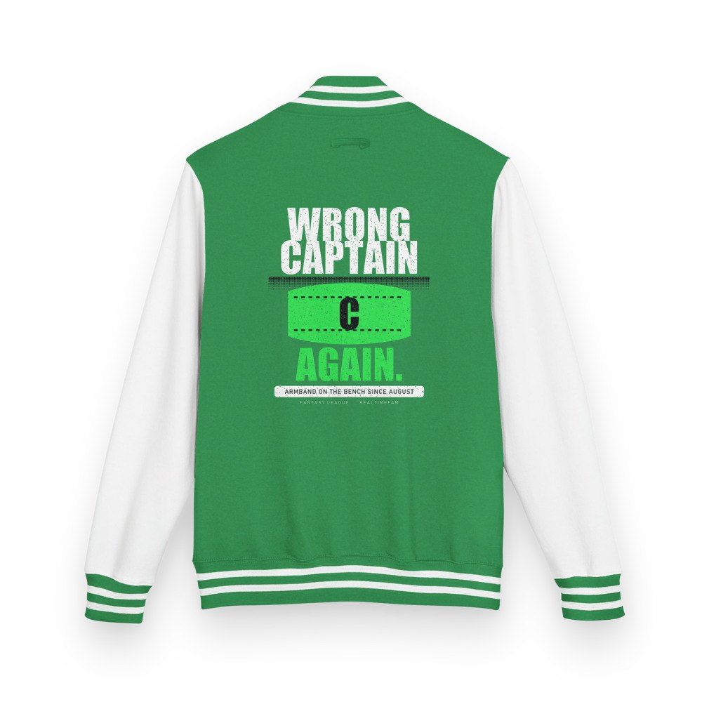 RealTimeFam Wrong Captain Again Varsity Jacket in Kelly Green/Arctic White