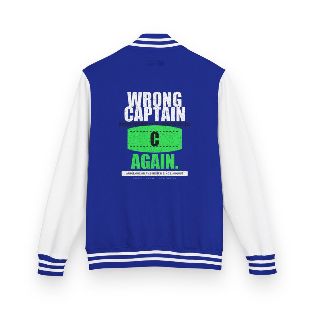 RealTimeFam Wrong Captain Again Varsity Jacket in Royal Blue/Arctic White